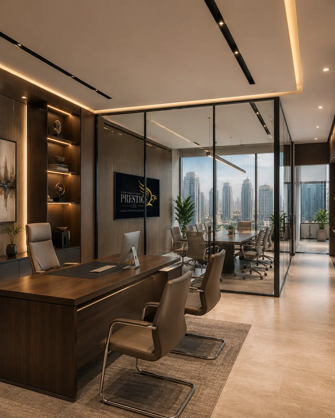 Grade-A office fit-out interior at Al Reem Island, Abu Dhabi — 18,400 ft² delivered by PrestigeOne