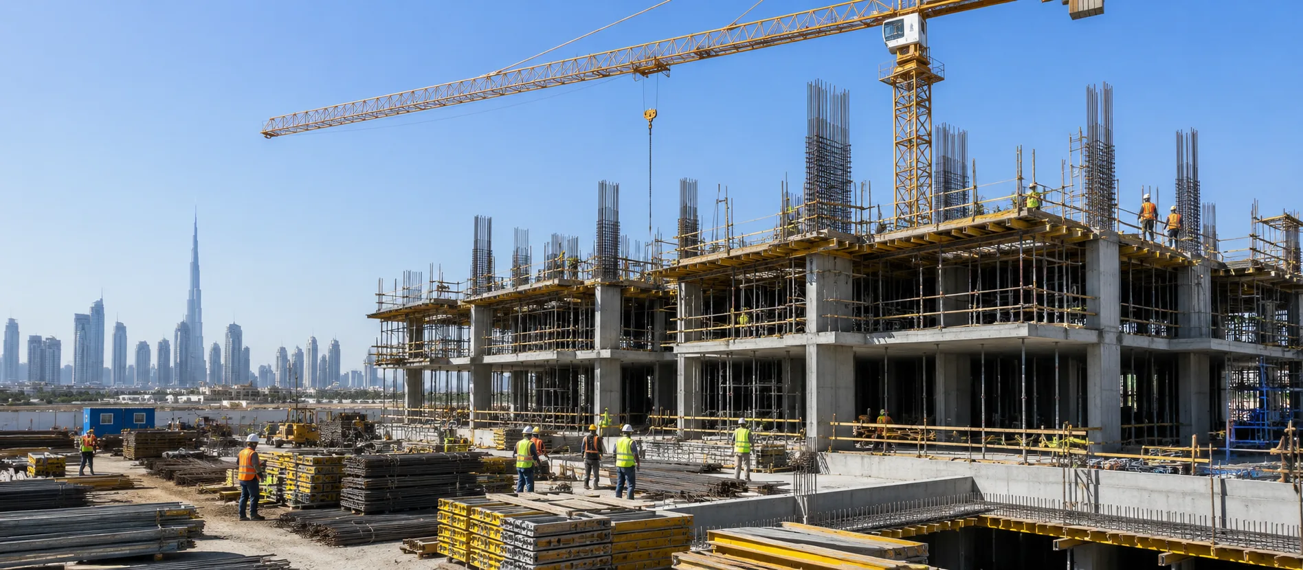 Active general contracting construction site in Abu Dhabi with RCC frame and tower crane