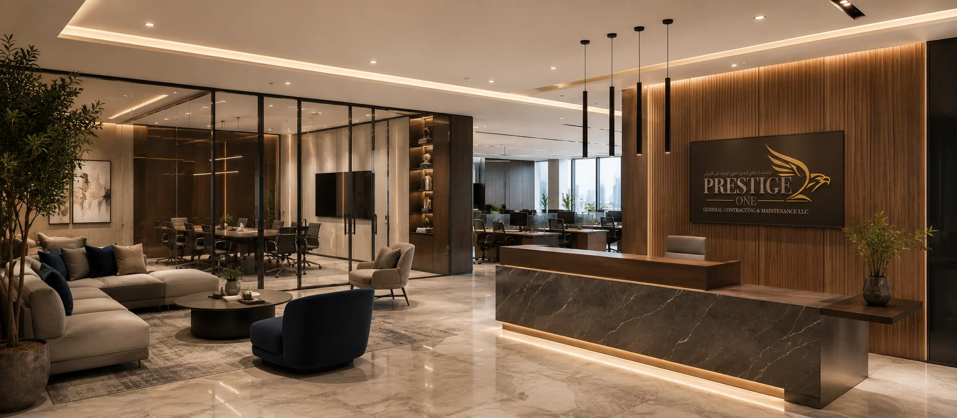 Completed office interior fit-out with bespoke joinery and decorative finishes