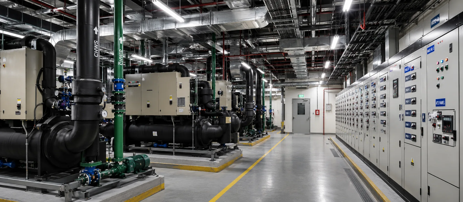MEP installation — HVAC chiller plant, ductwork and electrical room by PrestigeOne UAE