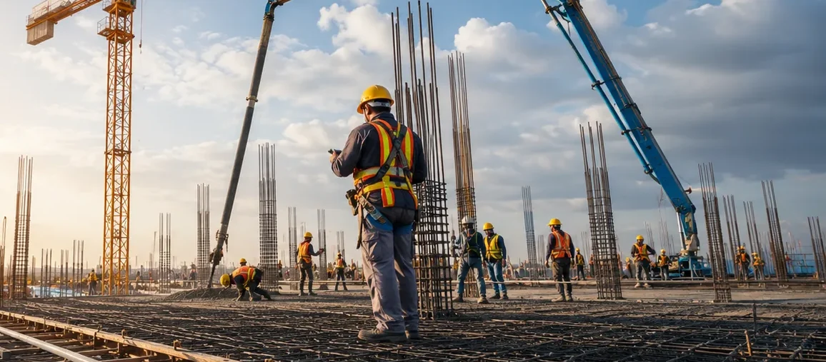 Reinforced concrete frame, rebar works and tower crane on a PrestigeOne civil and infrastructure project in Abu Dhabi