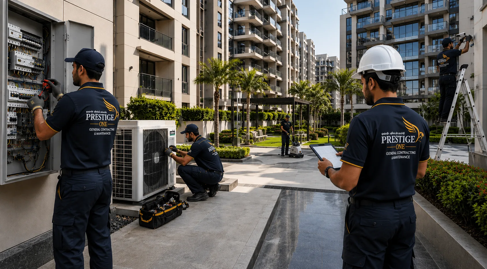 PrestigeOne maintenance technician performing planned preventive maintenance under an AMC